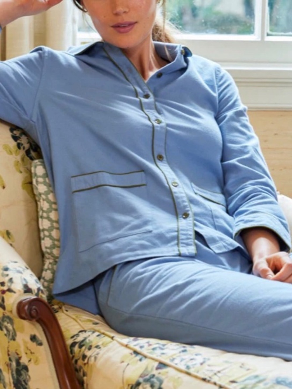 Lake Blue SET Flannel with Green Piping Pajama Shirt and Pants Set Medium